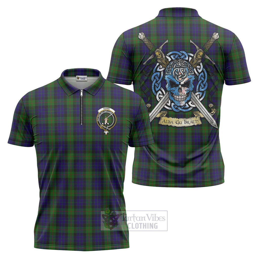 Tartan Vibes Clothing Gunn Tartan Zipper Polo Shirt with Family Crest Celtic Skull Style