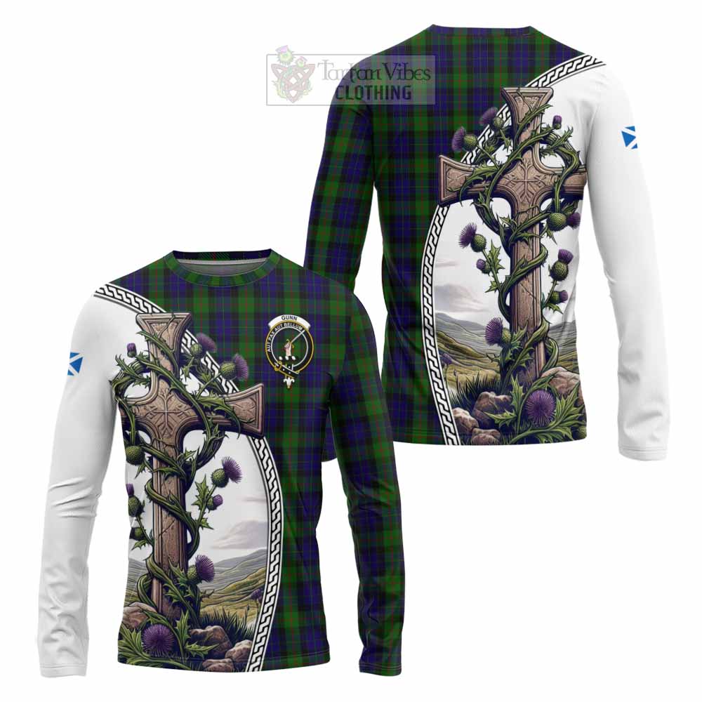 Tartan Vibes Clothing Gunn Tartan Long Sleeve T-Shirt with Family Crest and St. Andrew's Cross Accented by Thistle Vines