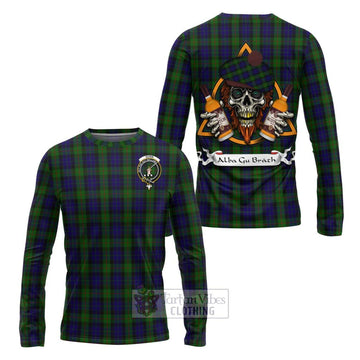 Gunn Tartan Long Sleeve T-Shirt with Family Crest and Bearded Skull Holding Bottles of Whiskey