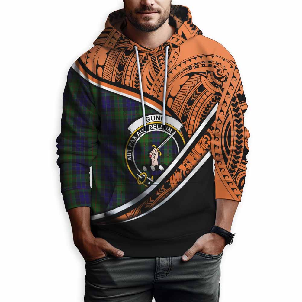 Tartan Vibes Clothing Gunn Crest Tartan Hoodie with Maori Tattoo Style - Orange Version