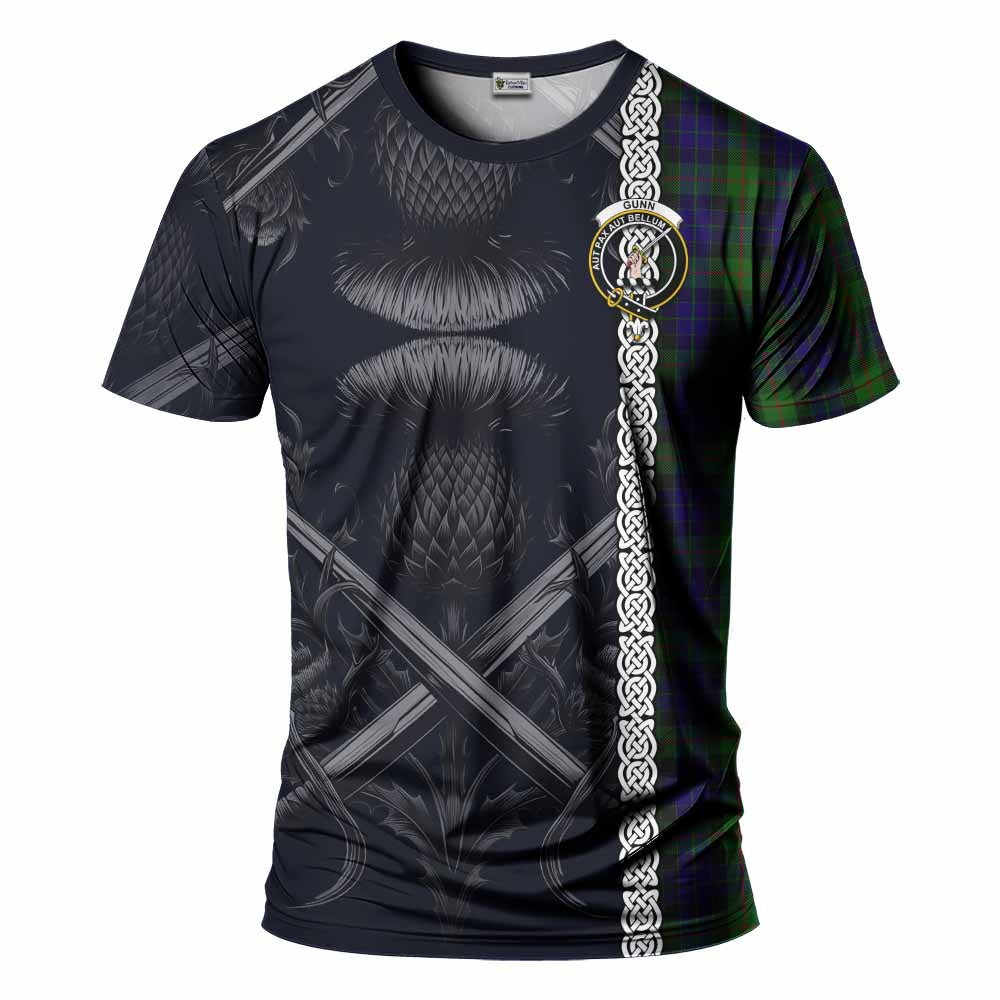 Tartan Vibes Clothing Gunn Tartan T-Shirt with Family Crest Cross Sword Thistle Celtic Vibes