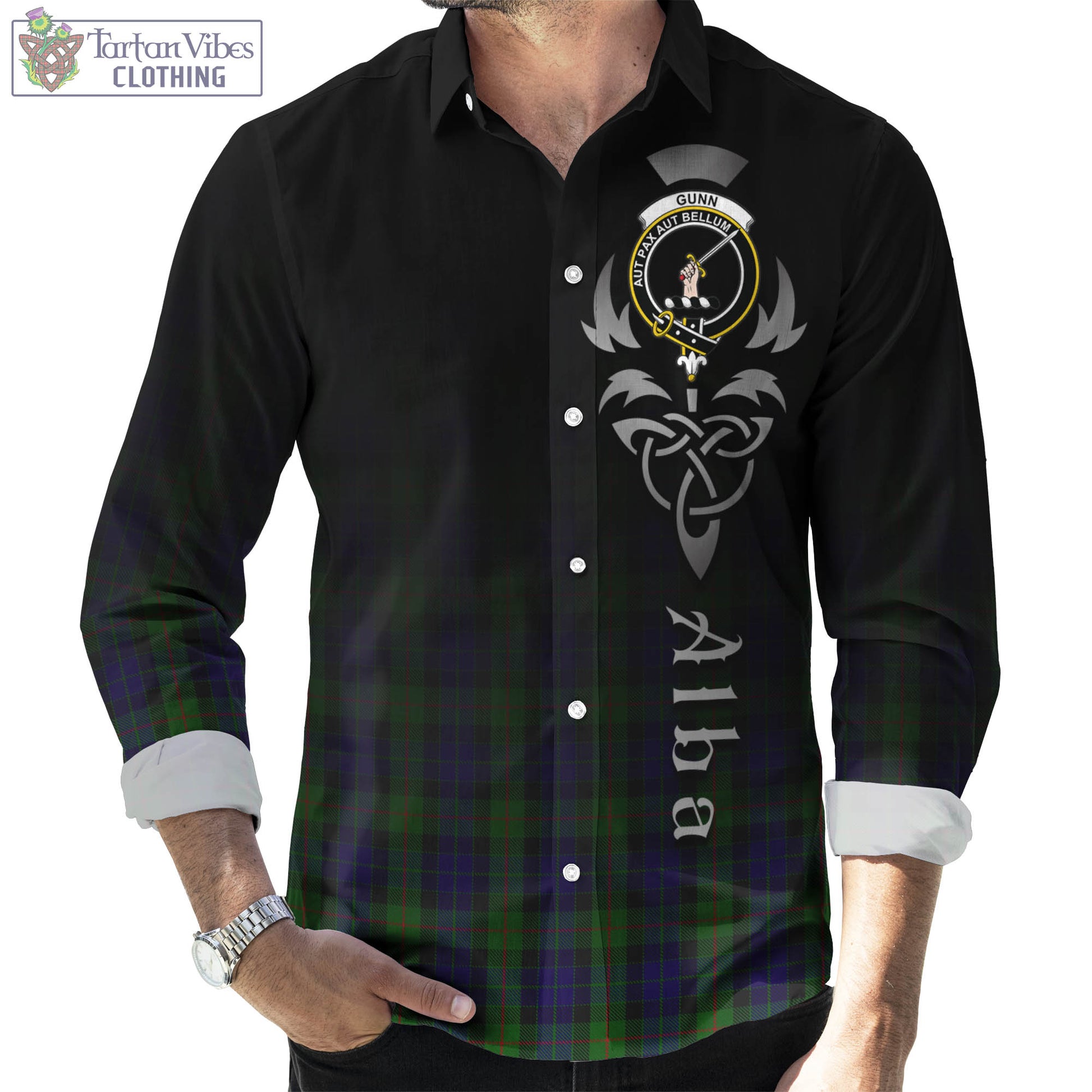 Tartan Vibes Clothing Gunn Tartan Long Sleeve Button Up Featuring Alba Gu Brath Family Crest Celtic Inspired