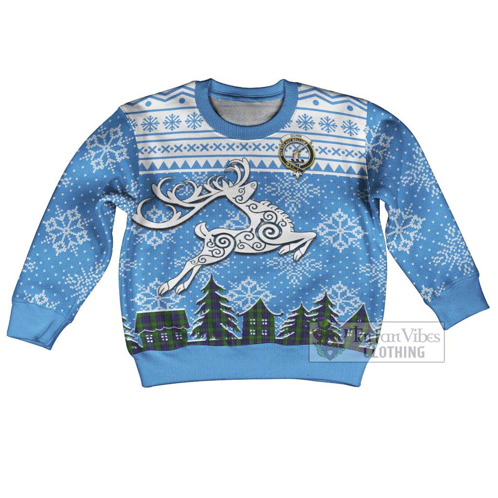 Tartan Vibes Clothing Gunn Clan Christmas Kid Ugly Sweater with Tartan and Celtic Raindeer Style