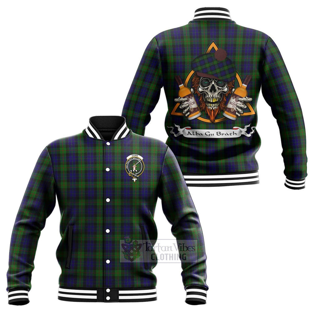 Tartan Vibes Clothing Gunn Tartan Baseball Jacket with Family Crest and Bearded Skull Holding Bottles of Whiskey