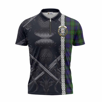 Gunn Tartan Zipper Polo Shirt with Family Crest Cross Sword Thistle Celtic Vibes