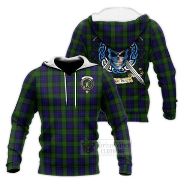 Gunn Tartan Knitted Hoodie with Family Crest Celtic Skull Style