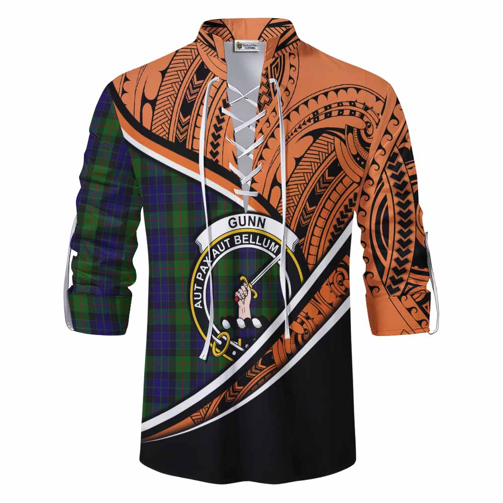 Tartan Vibes Clothing Gunn Crest Tartan Ghillie Kilt Shirt with Maori Tattoo Style - Orange Version