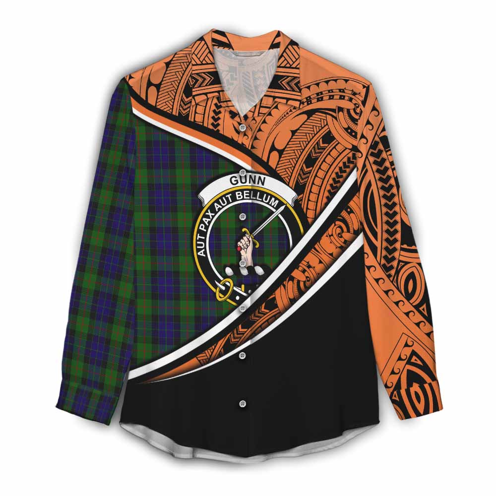 Tartan Vibes Clothing Gunn Crest Tartan Women's Casual Shirt with Maori Tattoo Style - Orange Version