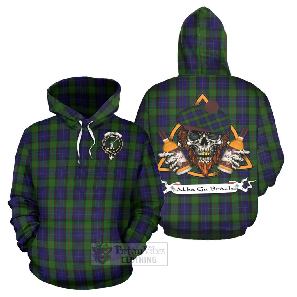 Tartan Vibes Clothing Gunn Tartan Hoodie with Family Crest and Bearded Skull Holding Bottles of Whiskey