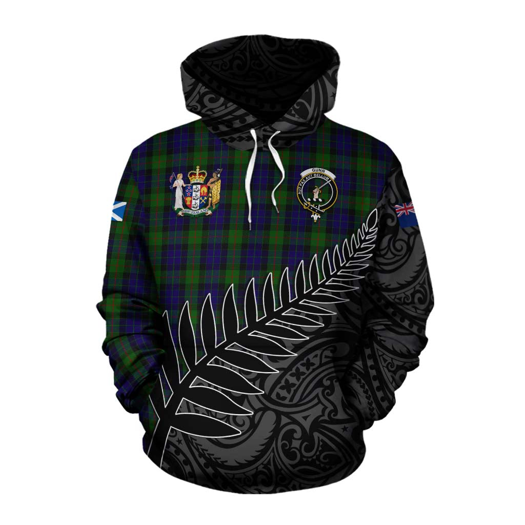 Tartan Vibes Clothing Gunn Crest Tartan Cotton Hoodie with New Zealand Silver Fern Half Style