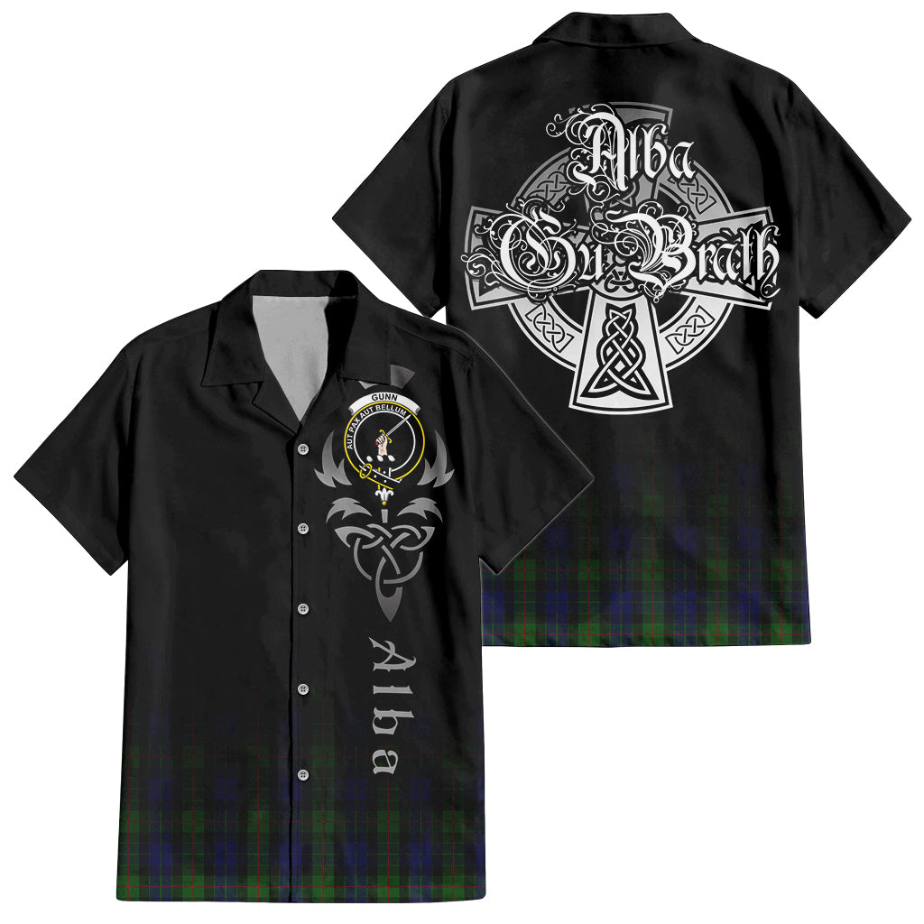 Tartan Vibes Clothing Gunn Tartan Short Sleeve Button Up Featuring Alba Gu Brath Family Crest Celtic Inspired