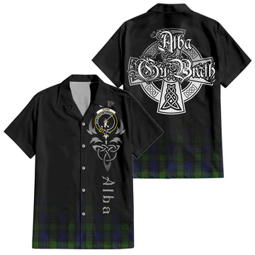 Gunn Tartan Short Sleeve Button Up Shirt Featuring Alba Gu Brath Family Crest Celtic Inspired