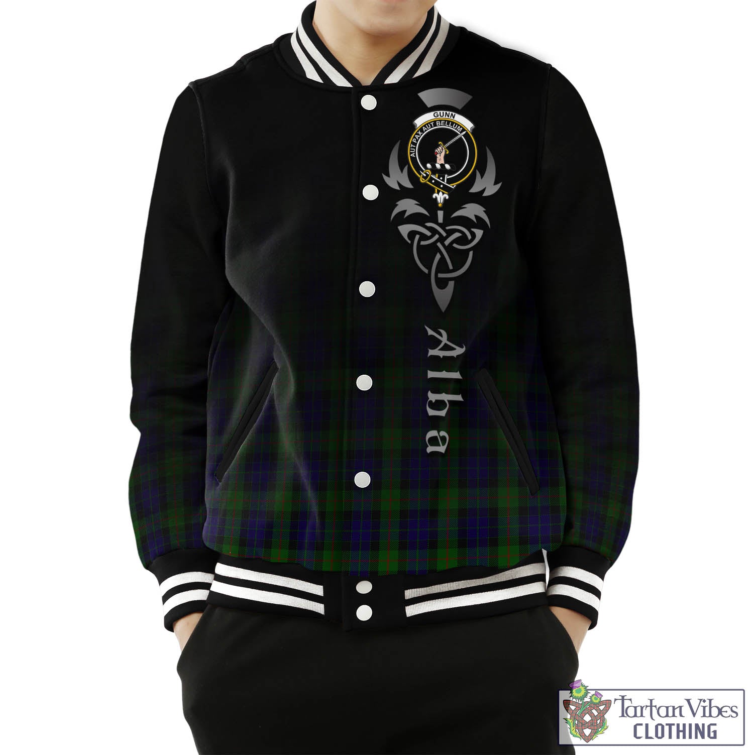 Tartan Vibes Clothing Gunn Tartan Baseball Jacket Featuring Alba Gu Brath Family Crest Celtic Inspired