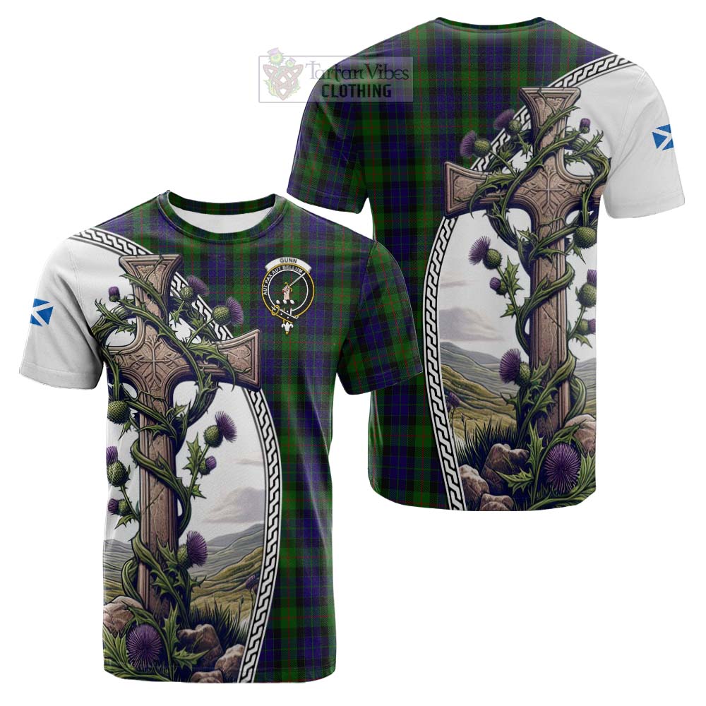 Tartan Vibes Clothing Gunn Tartan Cotton T-shirt with Family Crest and St. Andrew's Cross Accented by Thistle Vines