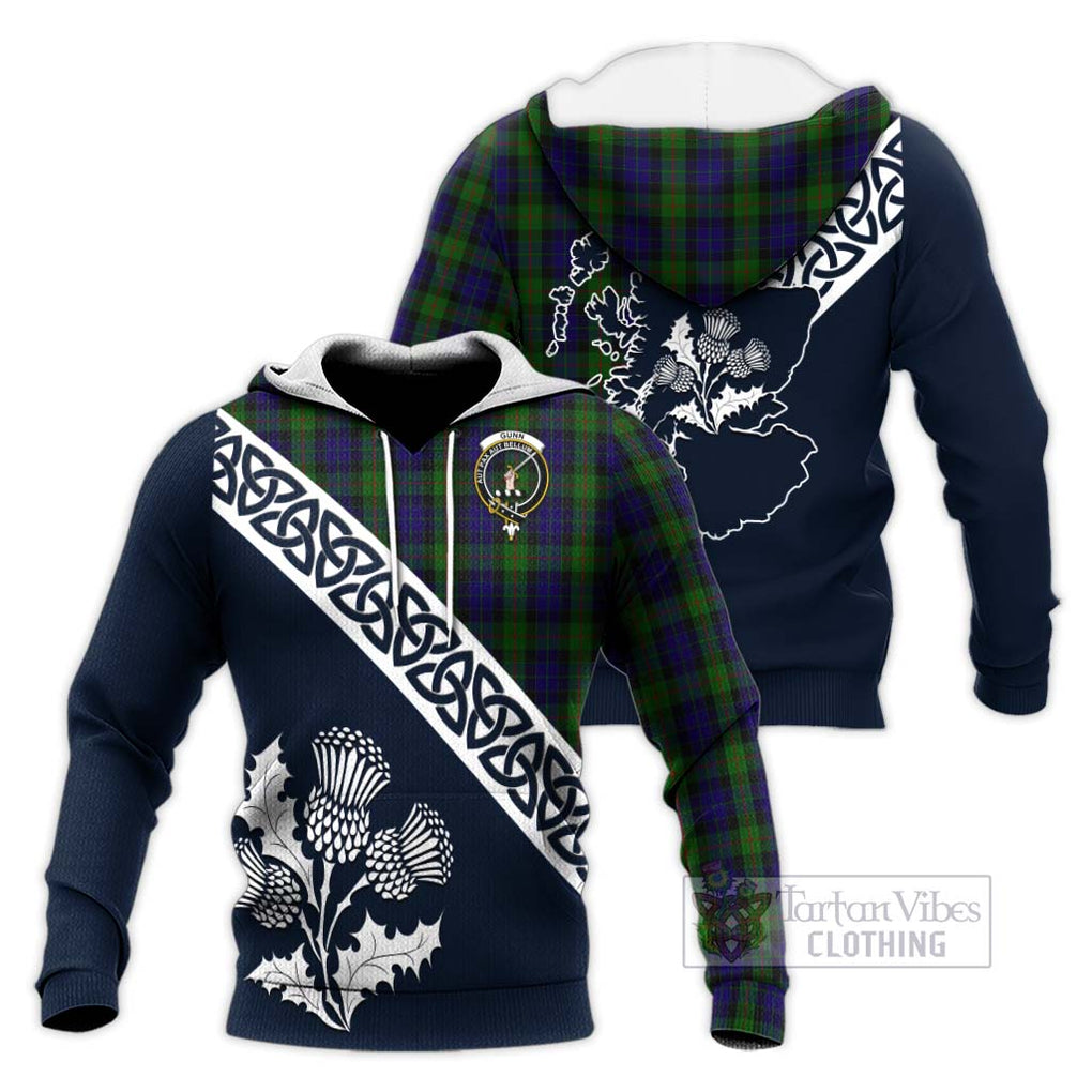 Tartan Vibes Clothing Gunn Tartan Knitted Hoodie Featuring Thistle and Scotland Map