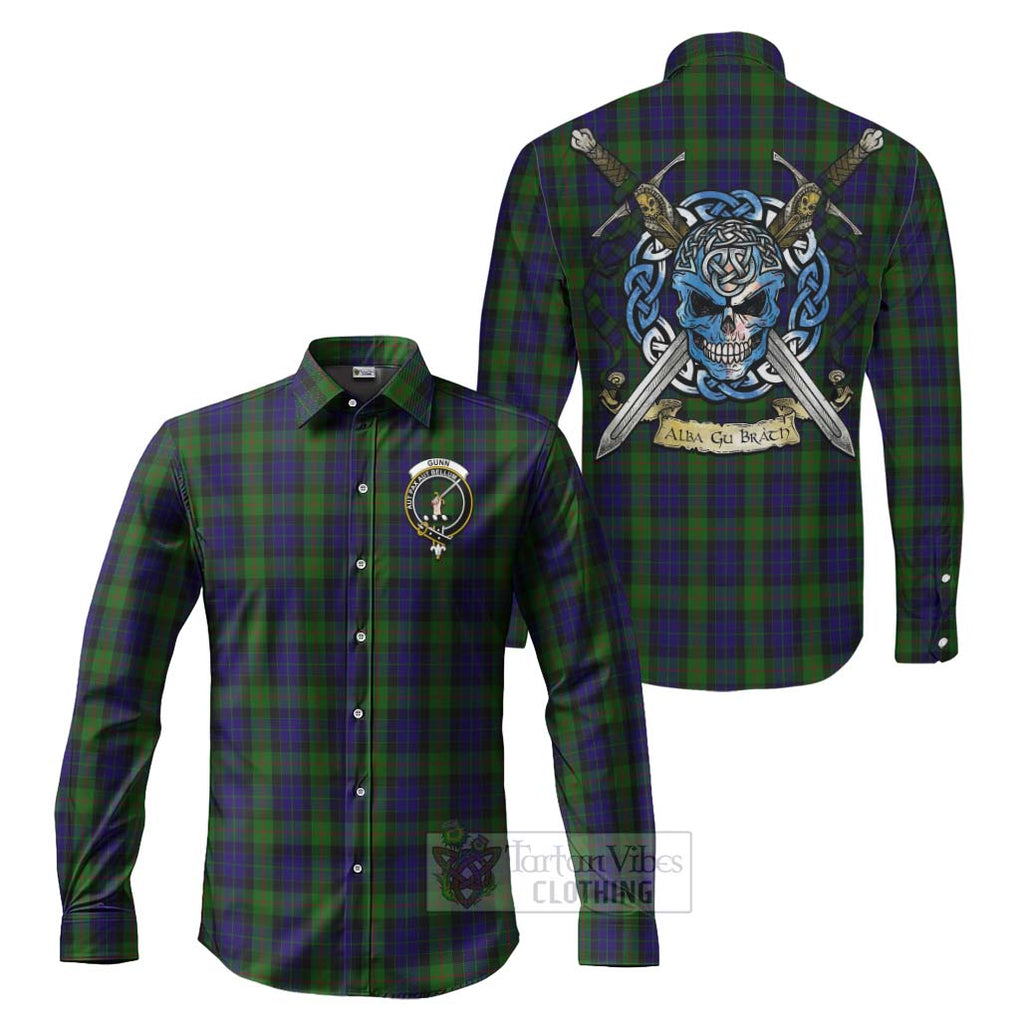 Gunn Tartan Long Sleeve Button Shirt with Family Crest Celtic Skull Style Men's Shirt S - Tartan Vibes Clothing