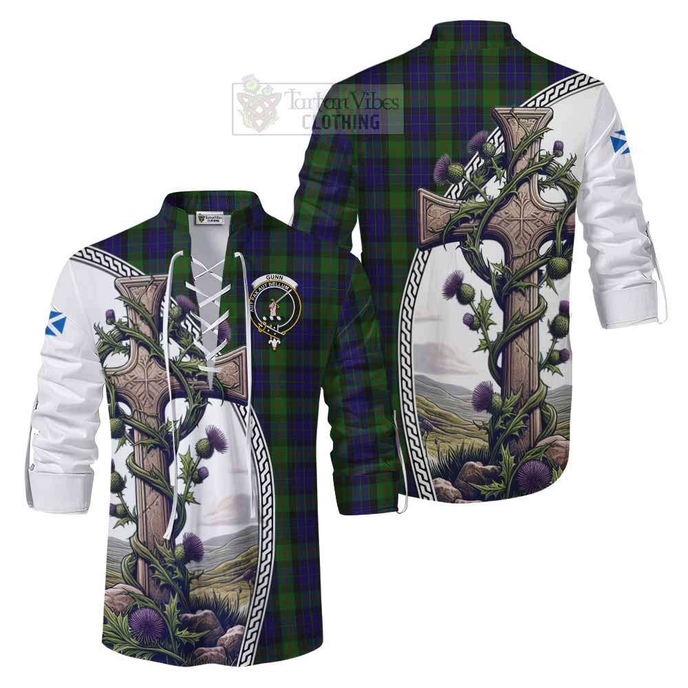 Tartan Vibes Clothing Gunn Tartan Ghillie Kilt Shirt with Family Crest and St. Andrew's Cross Accented by Thistle Vines