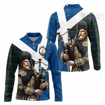 Gunn Tartan Long Sleeve Polo Shirt with Family Crest Scottish Bagpiper Vibes