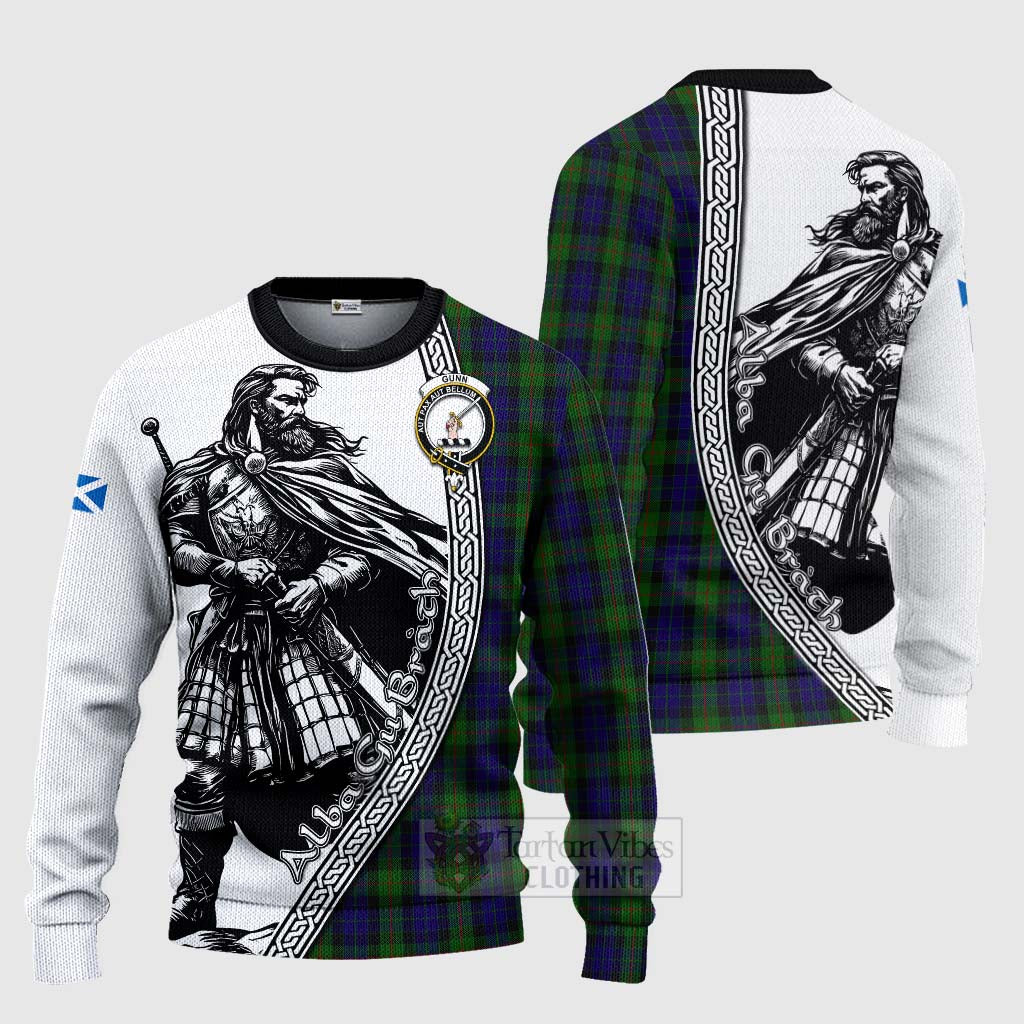 Tartan Vibes Clothing Gunn Tartan Clan Crest Knitted Sweater with Highlander Warrior Celtic Style