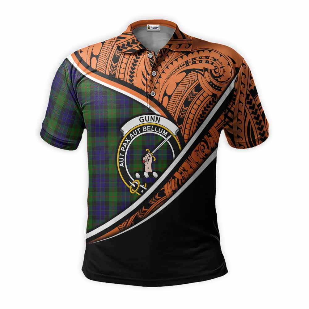 Tartan Vibes Clothing Gunn Crest Tartan Polo Shirt with Maori Tattoo Style - Orange Version