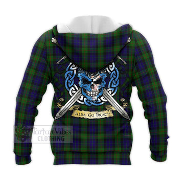 Gunn Tartan Knitted Hoodie with Family Crest Celtic Skull Style