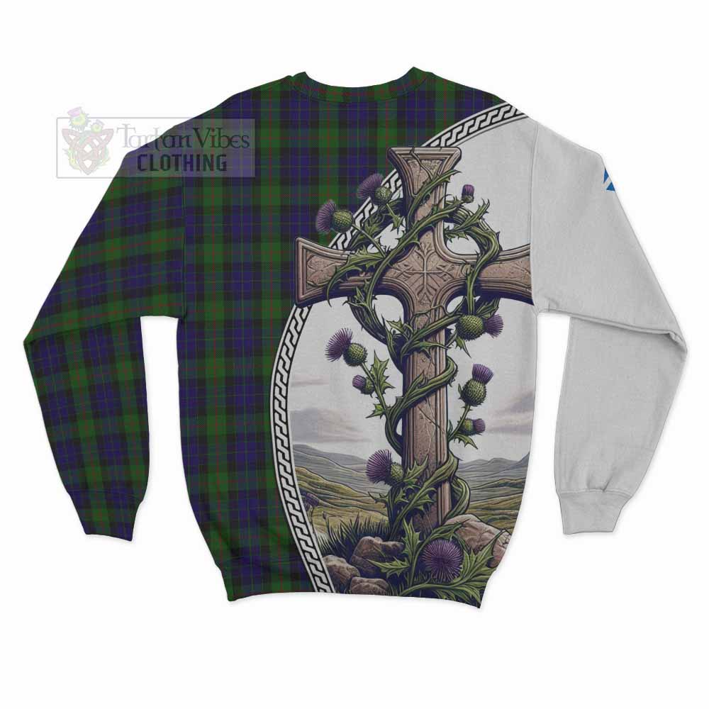 Tartan Vibes Clothing Gunn Tartan Sweatshirt with Family Crest and St. Andrew's Cross Accented by Thistle Vines