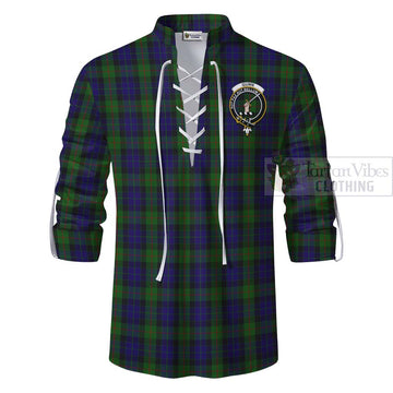 Gunn Tartan Ghillie Kilt Shirt with Family Crest and Bearded Skull Holding Bottles of Whiskey