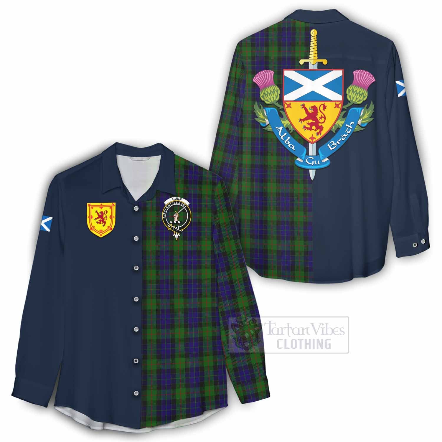 Tartan Vibes Clothing Gunn Tartan Women's Casual Shirt Alba with Scottish Lion Royal Arm Half Style