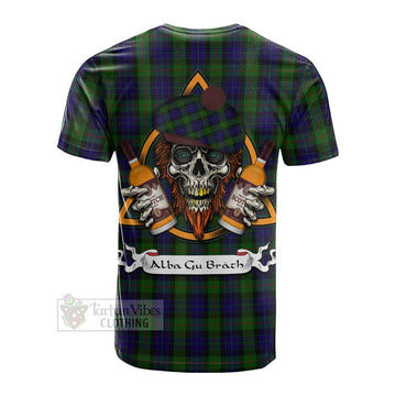 Gunn Tartan Cotton T-shirt with Family Crest and Bearded Skull Holding Bottles of Whiskey