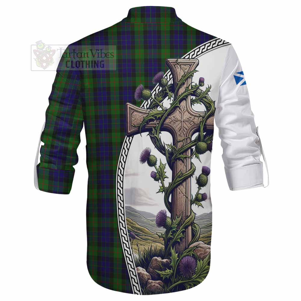 Tartan Vibes Clothing Gunn Tartan Ghillie Kilt Shirt with Family Crest and St. Andrew's Cross Accented by Thistle Vines