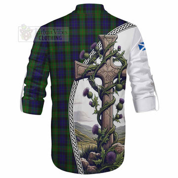 Gunn Tartan Ghillie Kilt Shirt with Family Crest and St. Andrew's Cross Accented by Thistle Vines