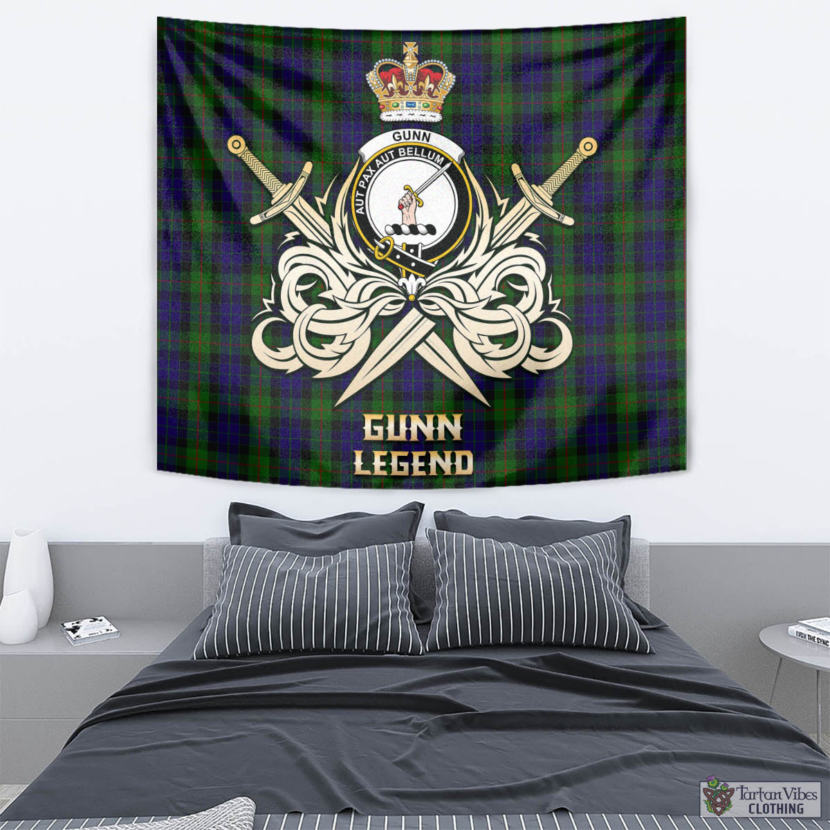 Tartan Vibes Clothing Gunn Tartan Tapestry with Clan Crest and the Golden Sword of Courageous Legacy