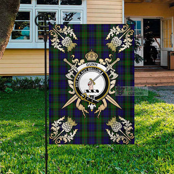 Gunn Tartan Flag with Family Crest and Golden Thistle Crossed Sword Design