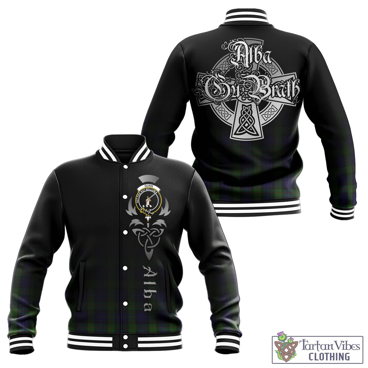 Tartan Vibes Clothing Gunn Tartan Baseball Jacket Featuring Alba Gu Brath Family Crest Celtic Inspired