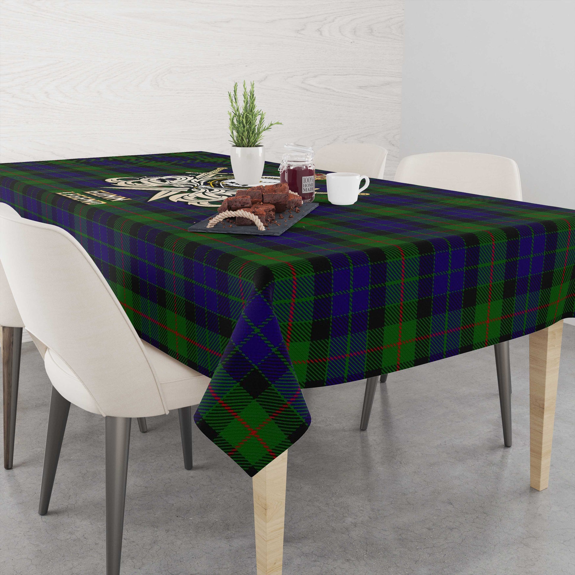 Tartan Vibes Clothing Gunn Tartan Tablecloth with Clan Crest and the Golden Sword of Courageous Legacy