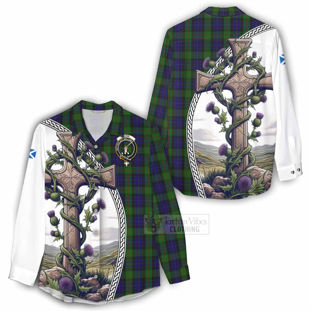 Tartan Vibes Clothing Gunn Tartan Women's Casual Shirt with Family Crest and St. Andrew's Cross Accented by Thistle Vines