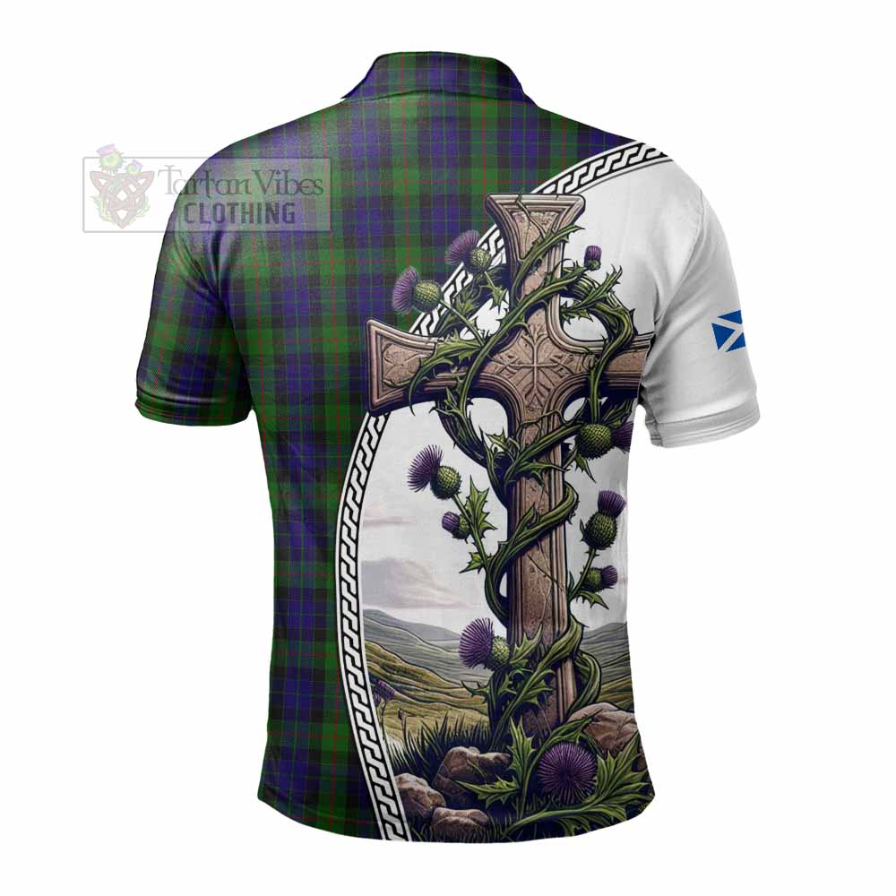 Tartan Vibes Clothing Gunn Tartan Polo Shirt with Family Crest and St. Andrew's Cross Accented by Thistle Vines