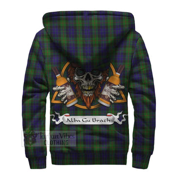 Gunn Tartan Sherpa Hoodie with Family Crest and Bearded Skull Holding Bottles of Whiskey