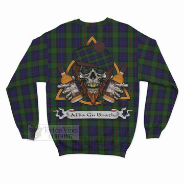 Gunn Tartan Sweatshirt with Family Crest and Bearded Skull Holding Bottles of Whiskey