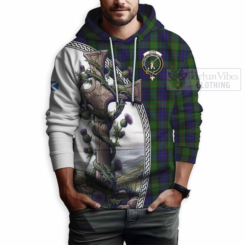 Tartan Vibes Clothing Gunn Tartan Hoodie with Family Crest and St. Andrew's Cross Accented by Thistle Vines