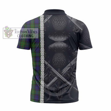 Gunn Tartan Zipper Polo Shirt with Family Crest Cross Sword Thistle Celtic Vibes