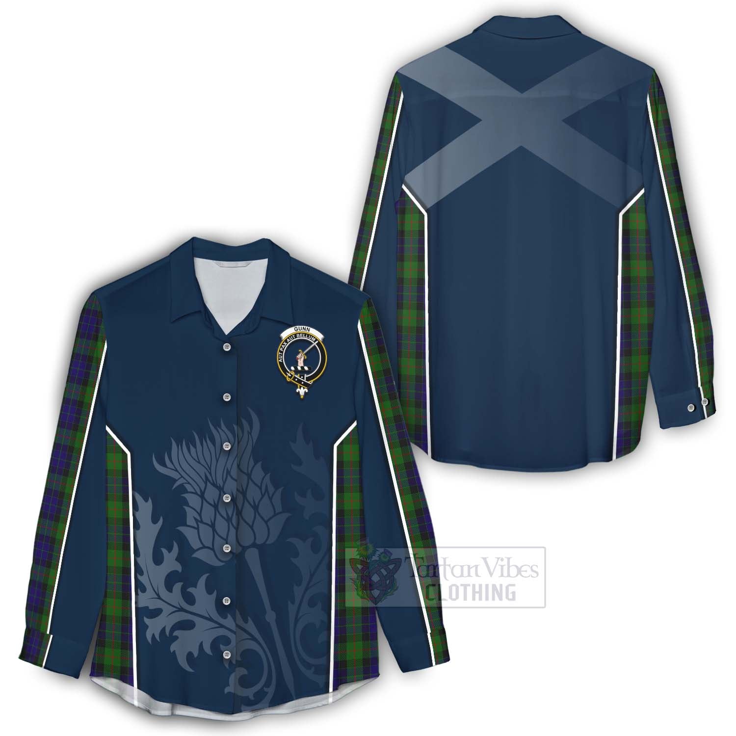 Tartan Vibes Clothing Gunn Tartan Women's Casual Shirt with Family Crest and Scottish Thistle Vibes Sport Style