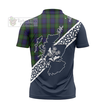 Gunn Tartan Zipper Polo Shirt Featuring Thistle and Scotland Map