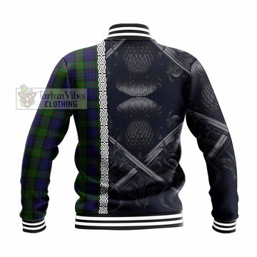 Gunn Tartan Baseball Jacket with Family Crest Cross Sword Thistle Celtic Vibes - Tartan Vibes Clothing