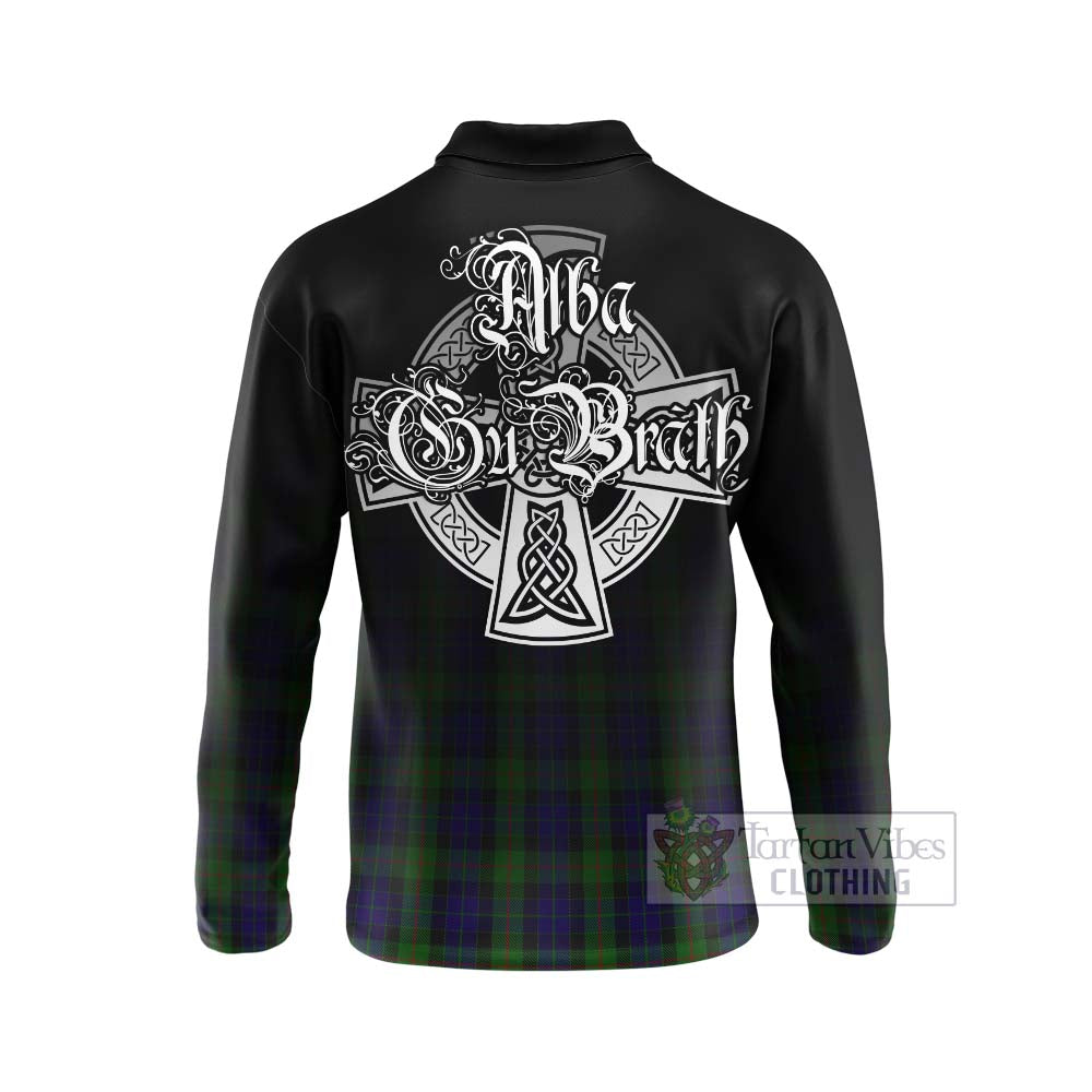 Tartan Vibes Clothing Gunn Tartan Long Sleeve Polo Shirt Featuring Alba Gu Brath Family Crest Celtic Inspired