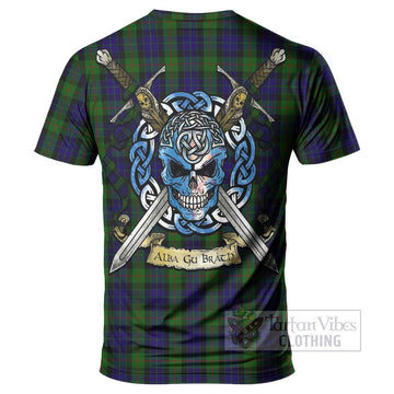 Gunn Tartan T-Shirt with Family Crest Celtic Skull Style