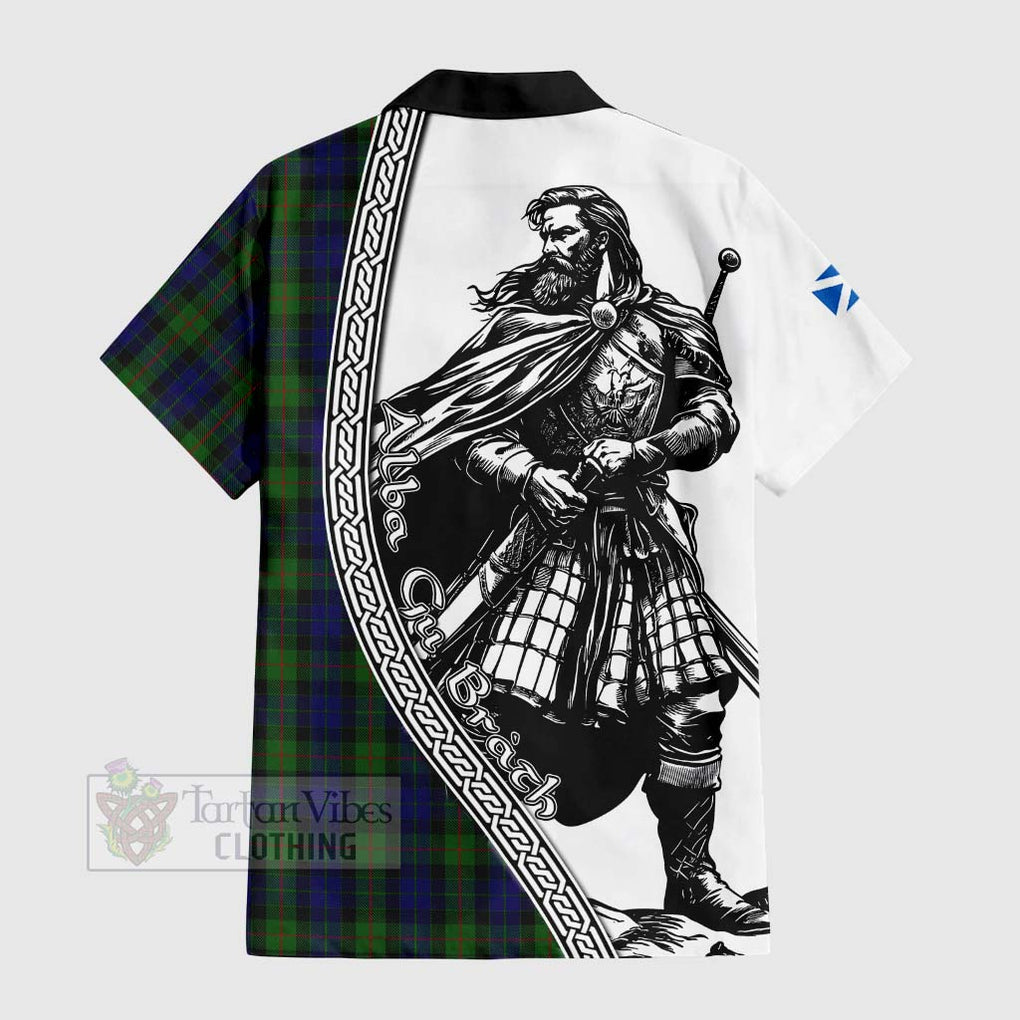 Tartan Vibes Clothing Gunn Tartan Clan Crest Short Sleeve Button Shirt with Highlander Warrior Celtic Style