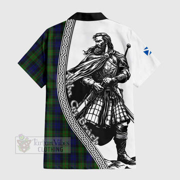 Gunn Tartan Clan Crest Short Sleeve Button Shirt with Highlander Warrior Celtic Style