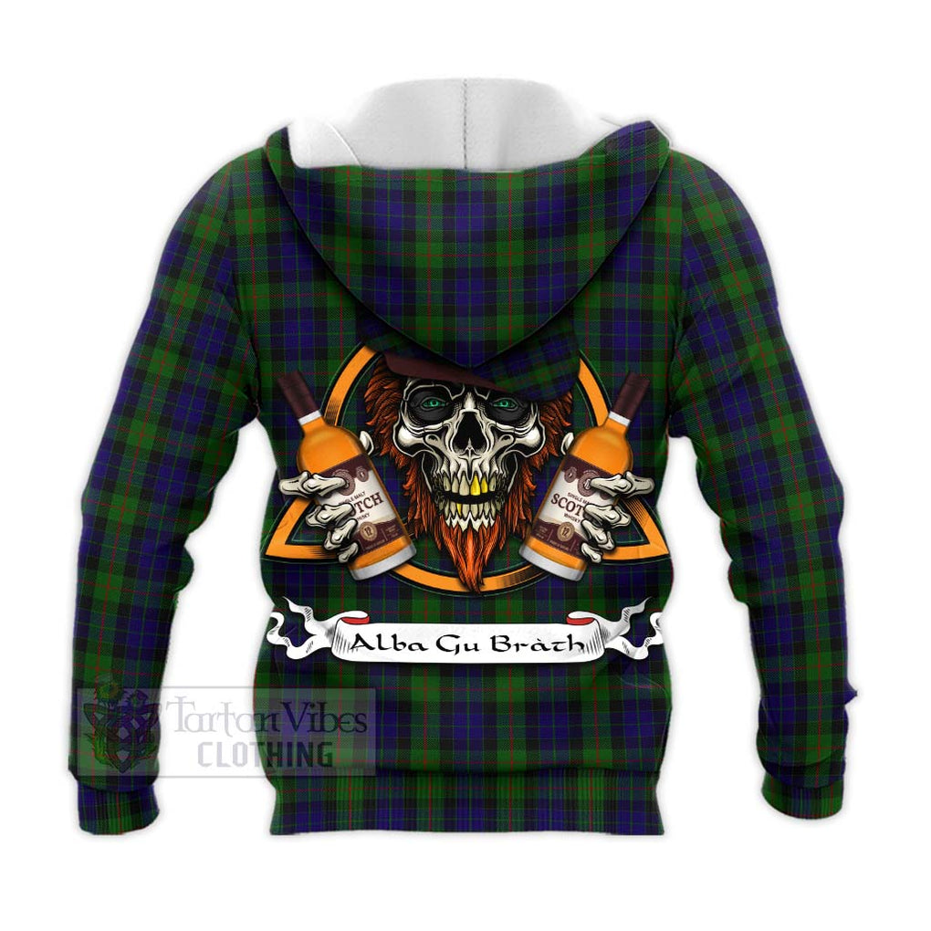 Tartan Vibes Clothing Gunn Tartan Knitted Hoodie with Family Crest and Bearded Skull Holding Bottles of Whiskey