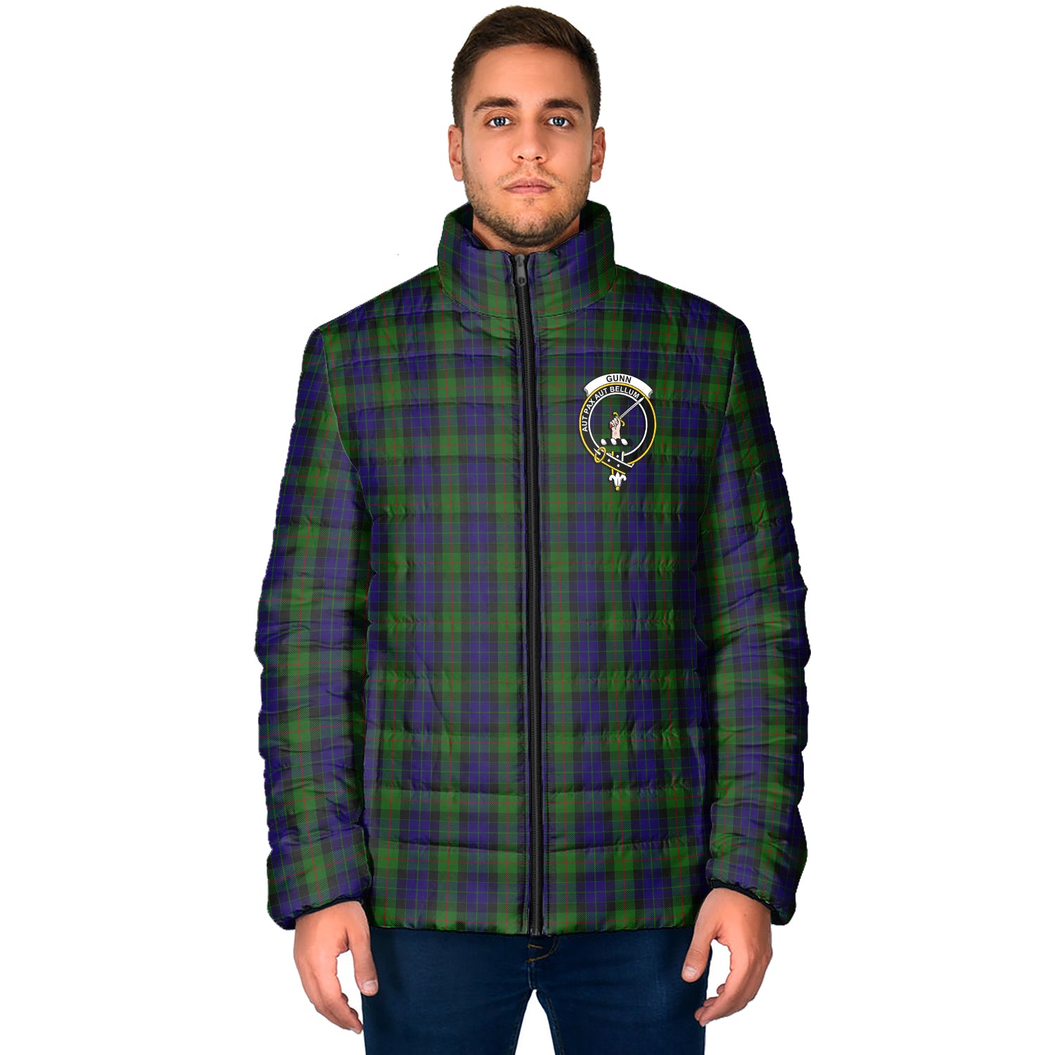 Gunn Tartan Padded Jacket with Family Crest - Tartan Vibes Clothing